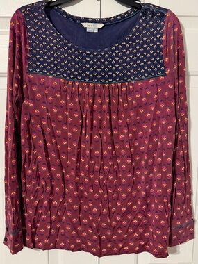 Boden Plum Printed Long-Sleeve Yoke Blouse with Navy Detail